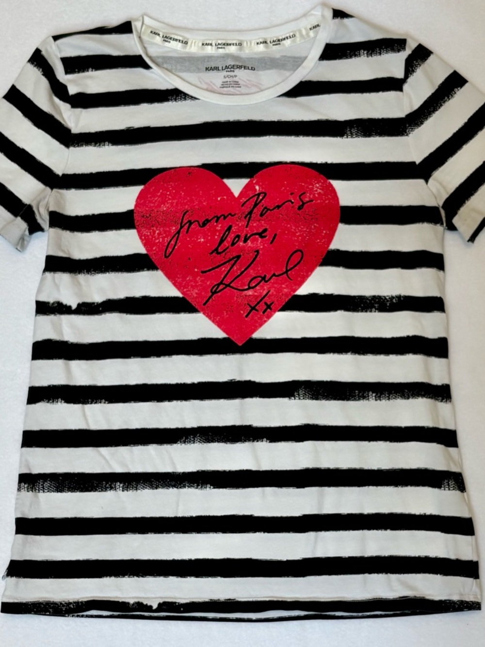 Women’s Karl Lagerfeld Black & White Striped Tee with Red Heart Paris Graphic